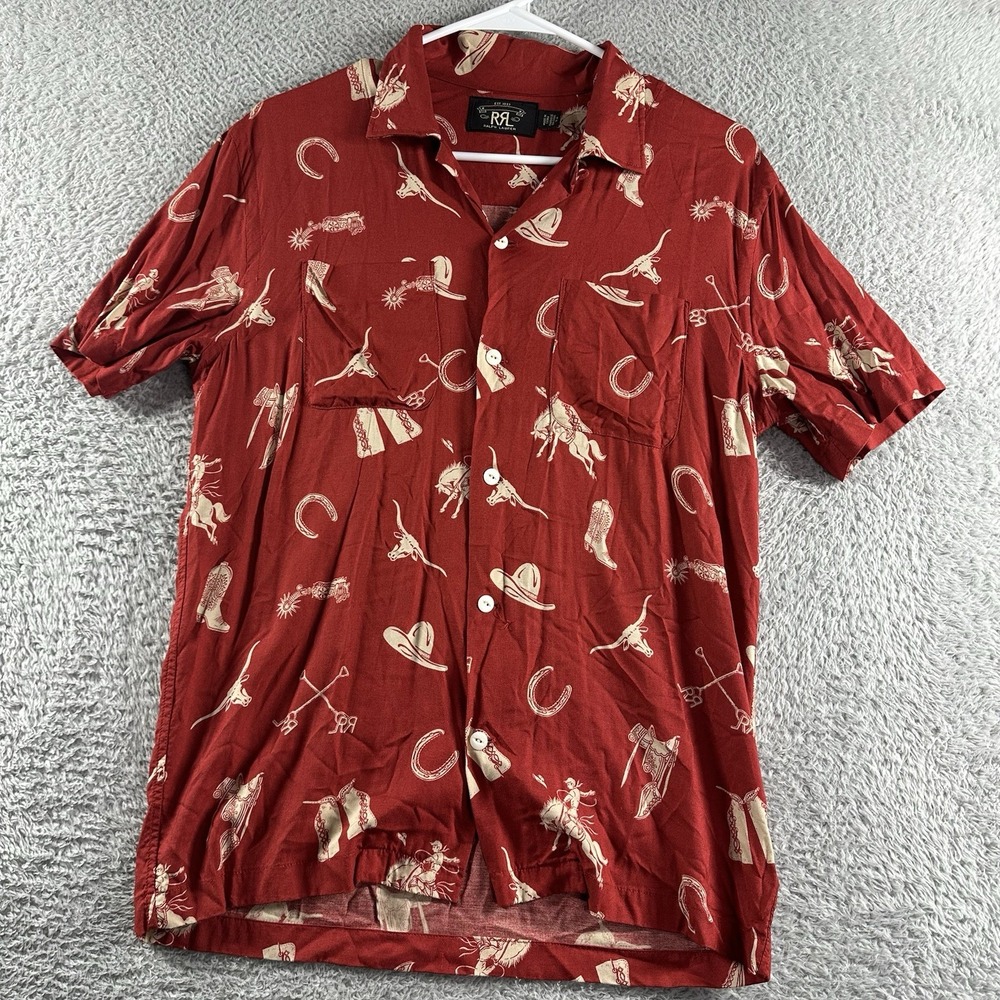 RRL Ralph Lauren 1930s Western‎ Print Camp Shirt Red Mens Small Button Up